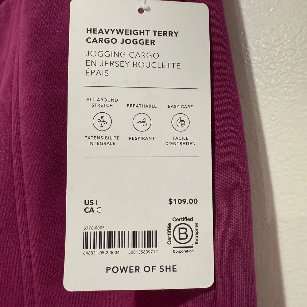 NWT Athleta Heavyweight Terry Cargo Jogger Pants L Magenta Wildberry Cargo Casua
